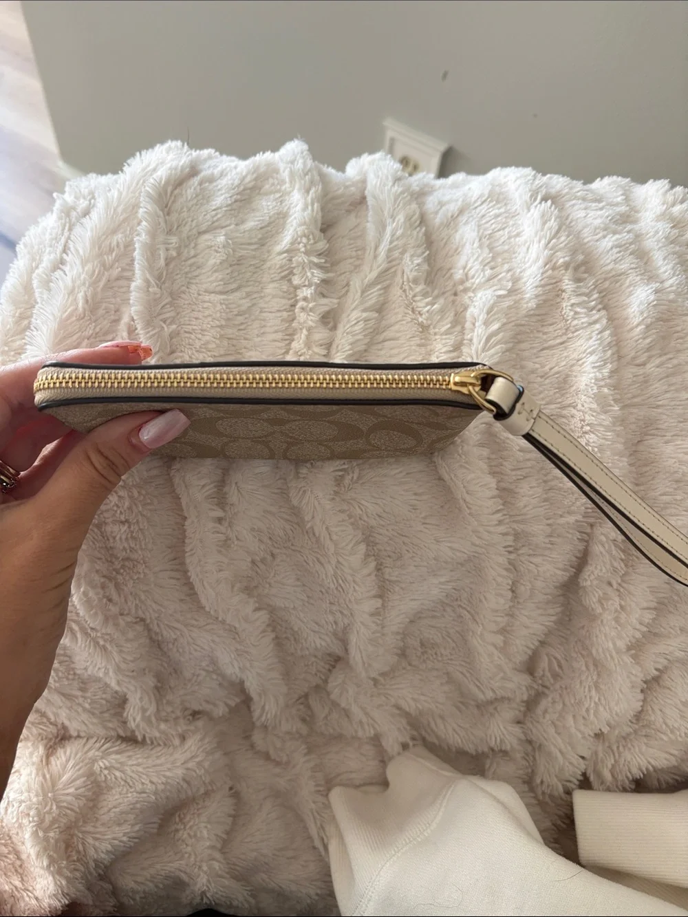 Coach Beige Signature Canvas Wristlet with Cream Center Panel